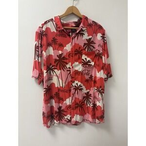 Coca-Cola Shirt Adult Extra Large Red Pink Hawaiian Clouds Palm Tree Button Up